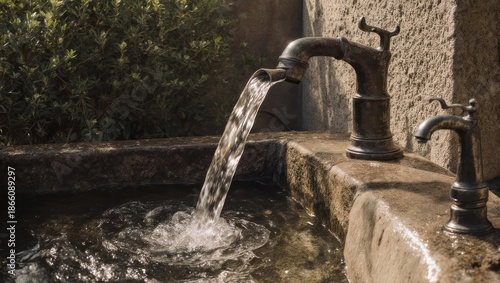 Water flowing from antique faucet into stone basin outdoors.