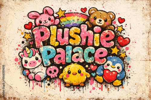 Cute grunge animal characters with rainbow and hearts in graffiti style