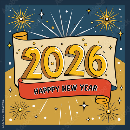 Happy New Year 2026 vector greeting with calligraphic gold glitter text.
