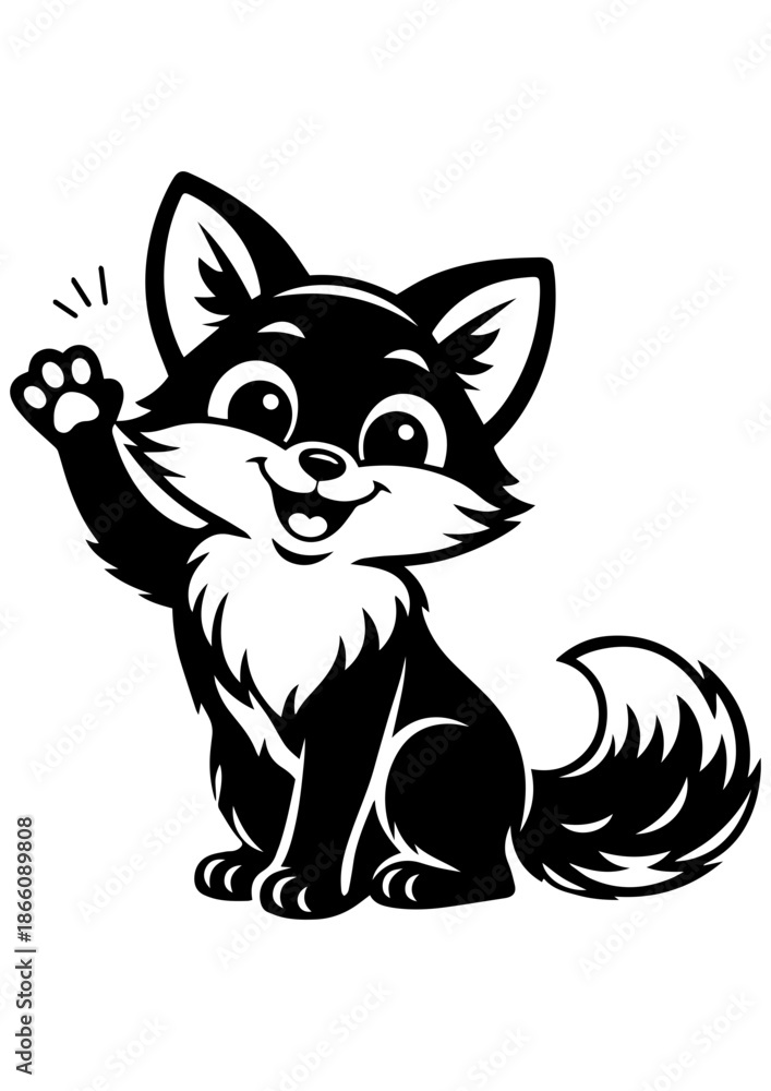 Fototapeta premium Cute fox waving paw vector line art, black and white illustration for engrave, laser engrave and friendly decor