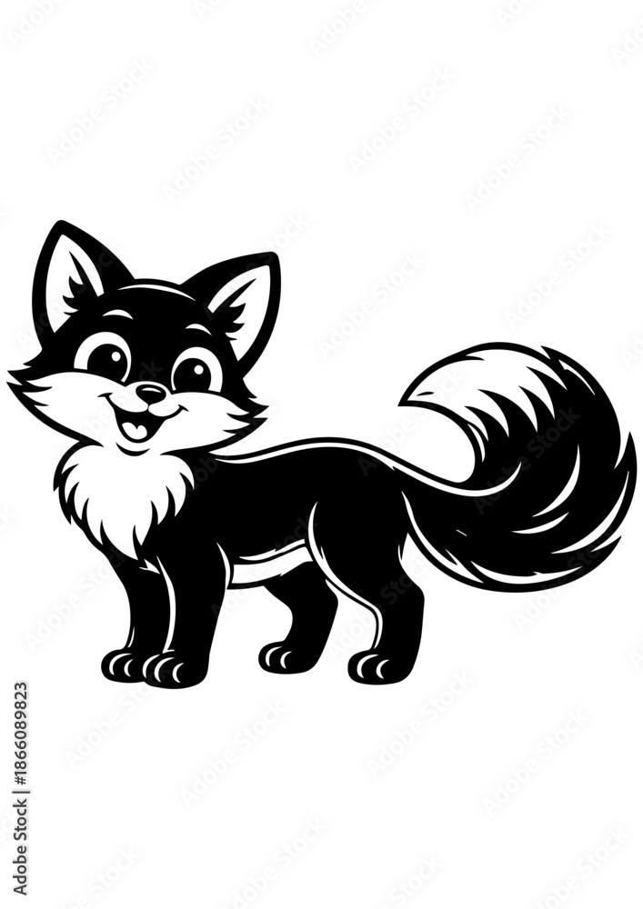 Obraz premium Cute smiling fox standing vector line art, black and white illustration for engrave, laser engrave and nursery decor