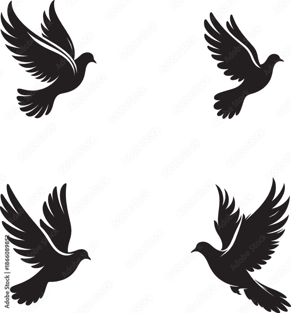 Fototapeta premium Black Silhouette of Four Flying Doves in Circular Arrangement, Vector Illustration