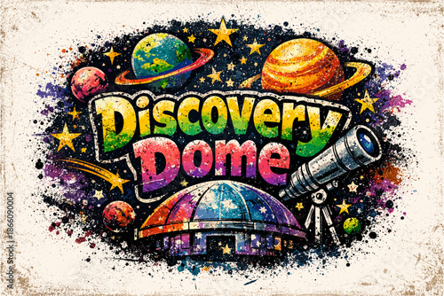 Colorful space exploration design with telescope and planets