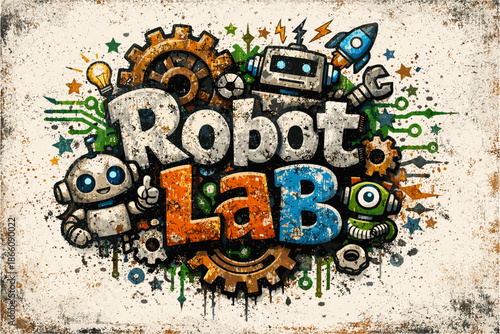 Colorful retro cartoon robot lab with gears and gadgets