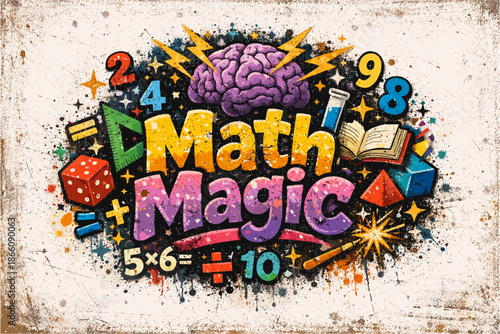 Colorful math magic collage with brain and numbers on textured background
