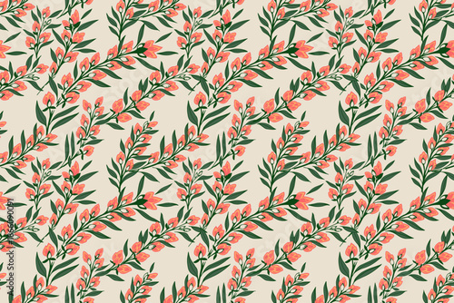 Seamless vector pattern with elegant green stems and coral buds on light beige background. Botanical repeating design for fabric, wallpaper, packaging, stationery and decor. art