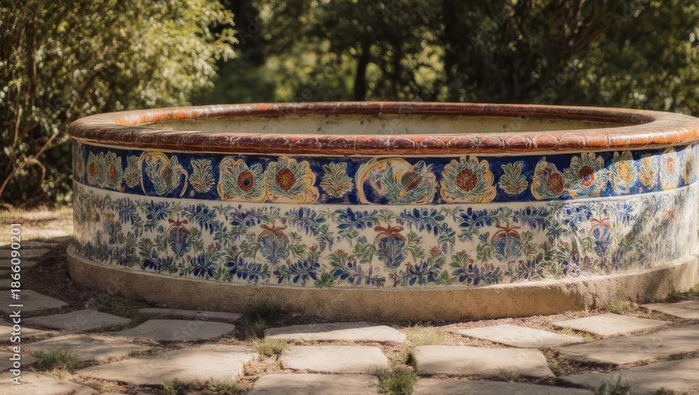 Naklejka premium Ornate Ceramic Garden Planter in Outdoor Setting.