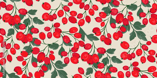 Seamless vector pattern with red berries and green leaves on a light beige background. Decorative botanical design for textiles, wallpapers, wrapping paper and vintage decor