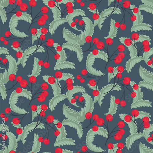Seamless vector pattern with red berries and soft green leaves on a dark blue background. Decorative botanical design for textiles, wallpapers, wrapping paper and classic surface decor