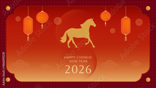 Chinese New Year 2026 greeting card featuring a golden horse silhouette, hanging lanterns, and festive red and gold elements. Elegant traditional design celebrating the Year of the Horse.