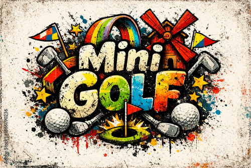 Vibrant mini golf artwork with colorful graffiti elements and fun designs