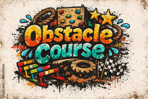 Colorful obstacle course graffiti art with climbing wall and racing elements