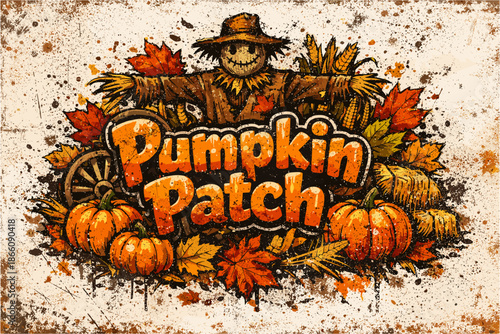 Rustic autumn pumpkin patch with scarecrow and harvest foliage