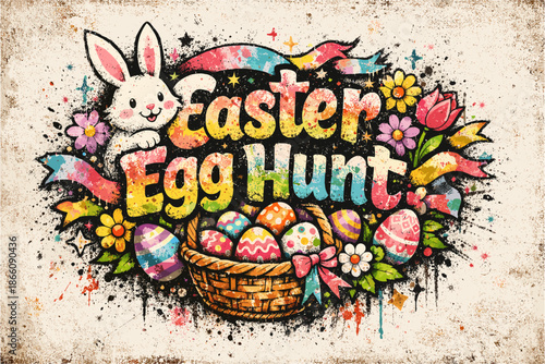 Colorful easter egg hunt design with bunny and floral elements