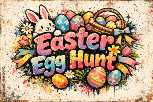 Colorful easter egg hunt with bunny and flowers in grunge style