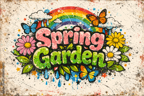 Colorful spring garden design with butterflies, flowers, and rainbow elements