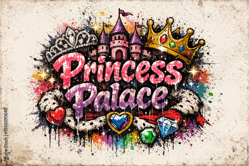 Colorful graffiti art of princess palace with crowns and jewels on grunge background