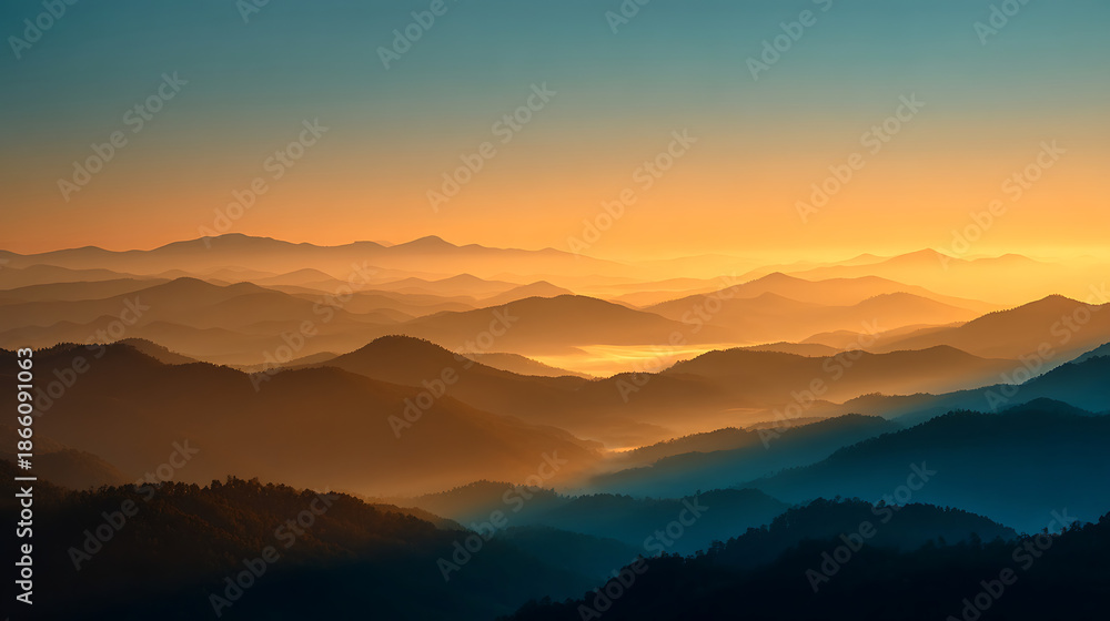 Fototapeta premium Hazy Mountain Landscape at Sunset with Golden Light