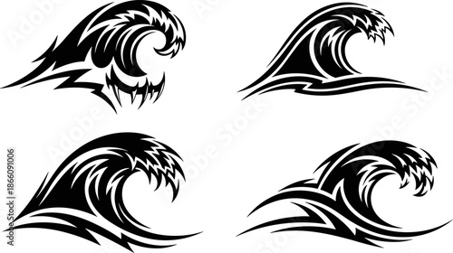 Abstract ocean wave silhouette vector illustration set, tribal sea surf designs collection, dynamic water motion symbols, bold black tattoo style graphics