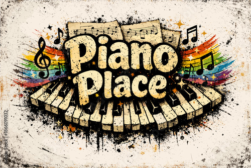 Vintage music vibes: grunge piano and colorful notes explosion