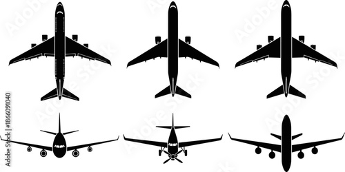 Airplane silhouette vector illustration set, commercial aircraft top front rear views collection, aviation transportation symbols, black minimal flight graphic design