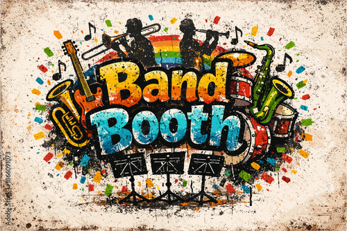 Colorful jazz band art with musical instruments and silhouette musicians