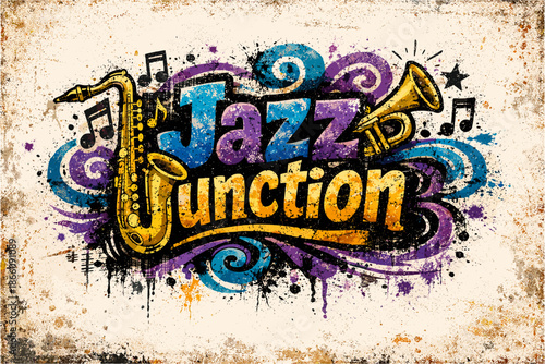 Colorful jazz art with saxophone and trumpet on grunge background