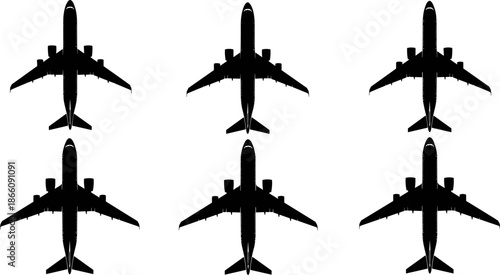 Airplane top view silhouette vector illustration set, commercial jet aircraft collection, aviation transportation symbols, black minimal flight icons isolated on white background