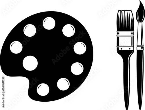 Artist palette and paint brushes silhouette vector illustration, creative art tools set, black design isolated on white background for painting concept