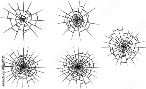 Broken glass crack shapes set, shattered window impact patterns collection, abstract radial fracture designs, clean line art vector illustration isolated on white background