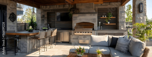 Luxury outdoor kitchen with stone accents and modern amenities, perfect for entertaining