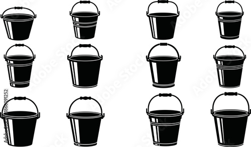 Bucket silhouettes collection, plastic and metal pails with handles in multiple shapes, black vector illustration set for cleaning, household, construction, storage, utility design