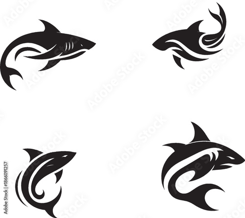 Black Tribal Shark Silhouette Vector Set – Four Stylized Shark Illustrations for Graphic Design