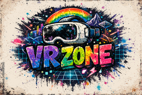 Colorful retro vr zone design with galaxy and digital elements