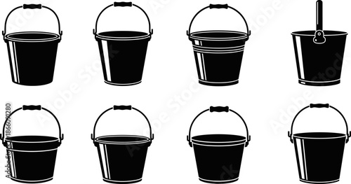 Bucket silhouettes collection, plastic pail and cleaning bucket set, black vector illustration of household containers isolated on white background for design use