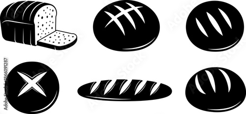 Bread and bakery silhouette vector illustration set, loaf and bun icons collection, artisan baking food symbols, black minimal kitchen graphic isolated