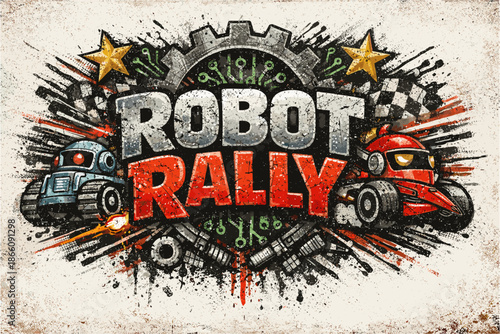 Robot rally: grunge style robotic race with gears and checkered flags