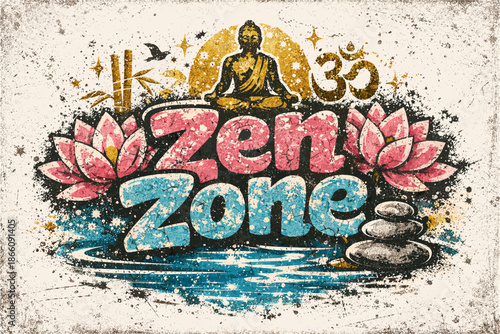 Zen zone typography with buddha and lotus in vintage grunge style