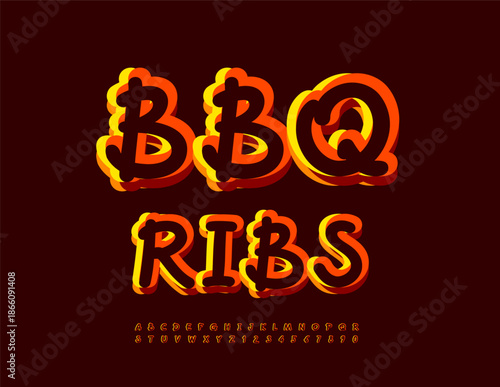 Vector Cooking poster BBQ Ribs. Bright Colorful Font. Playful Alphabet Letters and Numbers set. 