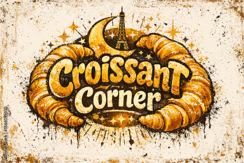 Rustic bakery logo with croissants and parisian elements in vintage style