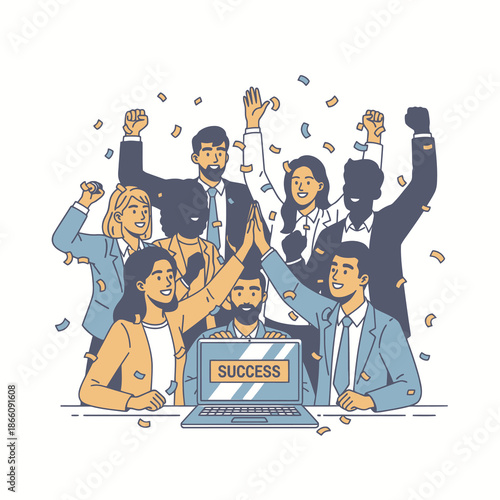 A successful diverse business team celebrates a major project milestone with high fives and confetti around a laptop in this vibrant 2D flat graphic illustration emphasizing teamwork and achievement