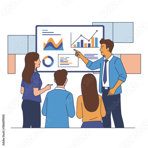 A focused business team of four professionals conducts a high energy stand up meeting in this vibrant 2D graphic illustration, analyzing colorful financial data displayed on a large wall monitor