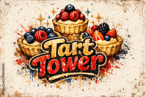 Rustic dessert tart art with berries and vintage textured background