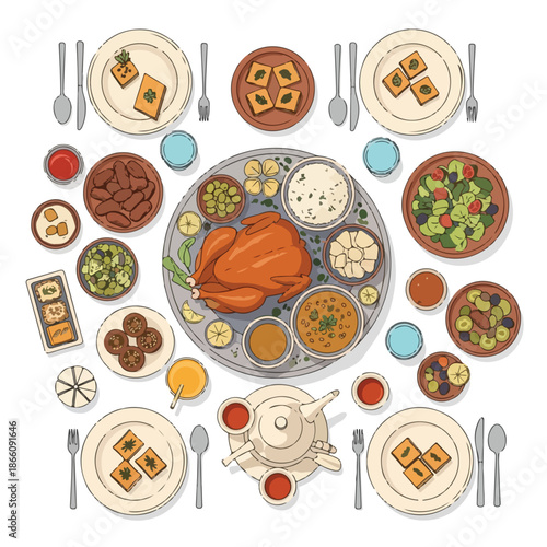 A lavish overhead view of a celebratory family meal laid out on a round table, showcasing a roasted chicken centerpiece with various side dishes and beverages