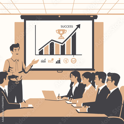 Vibrant 2D graphic shows a male presenter addressing managers and employees in a conference room, highlighting a successful business growth chart on a projector screen