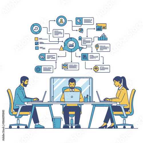 Vibrant 2D flat illustration showing focused teamwork three employees at ergonomic desks with a large hovering infographic displaying project deadlines and tasks