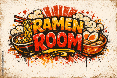 Ramen room graffiti art with noodles and eggs in grunge style
