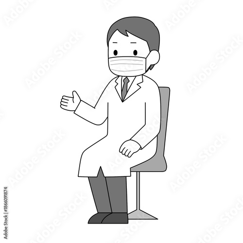 マスクを着用した白衣の男性が椅子に座り片手でジェスチャーを交えて説明しているモノクロイラスト
