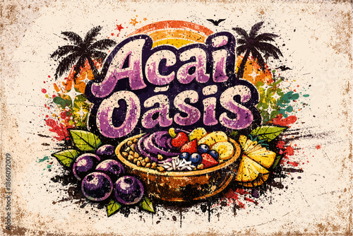 Retro tropical acai bowl with fruit and palm trees in grunge art style