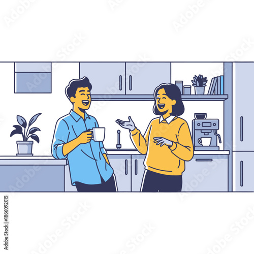 Two happy young professionals are laughing together during an informal coffee break near a modern office kitchenette, depicted in a bright 2D flat graphic illustration